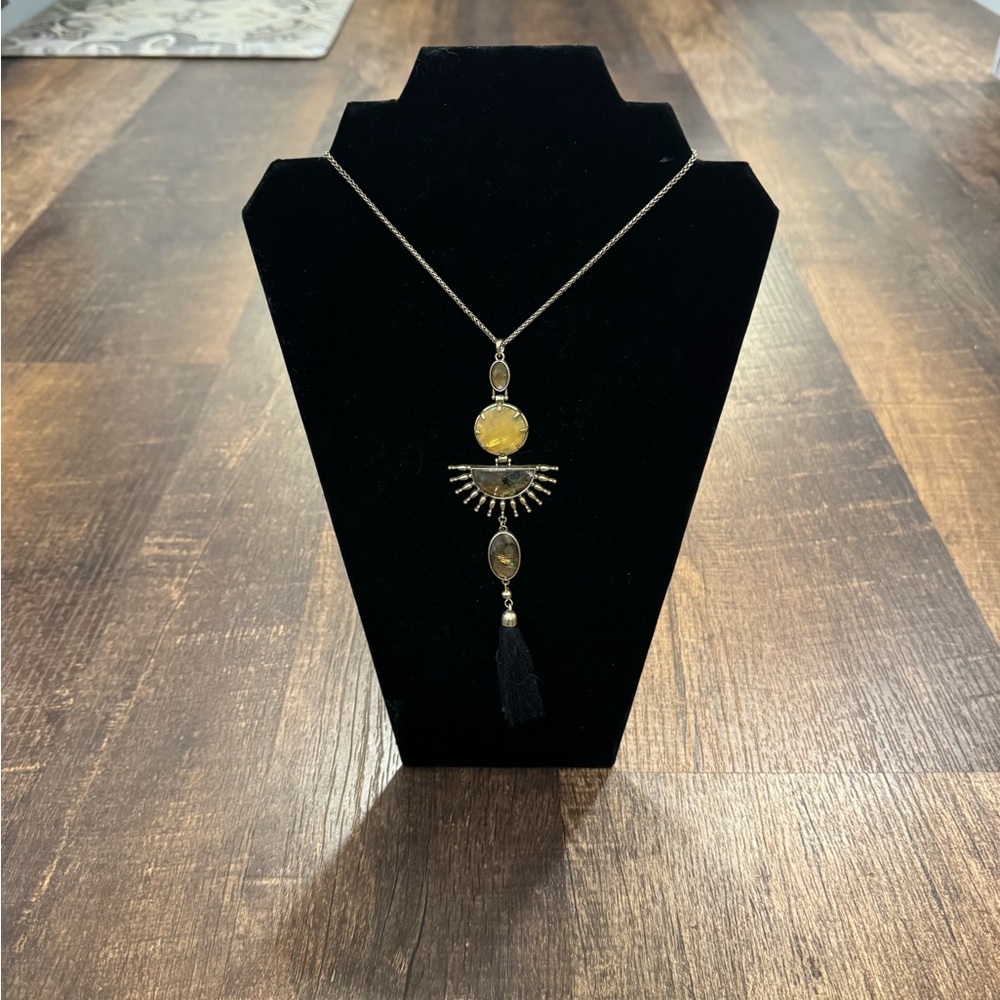 Lucky brand Gold Pendant Necklace with sunburst design and black tassel